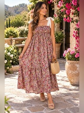 Buru Smocked Floral Midi Dress with Tie Straps - Pink